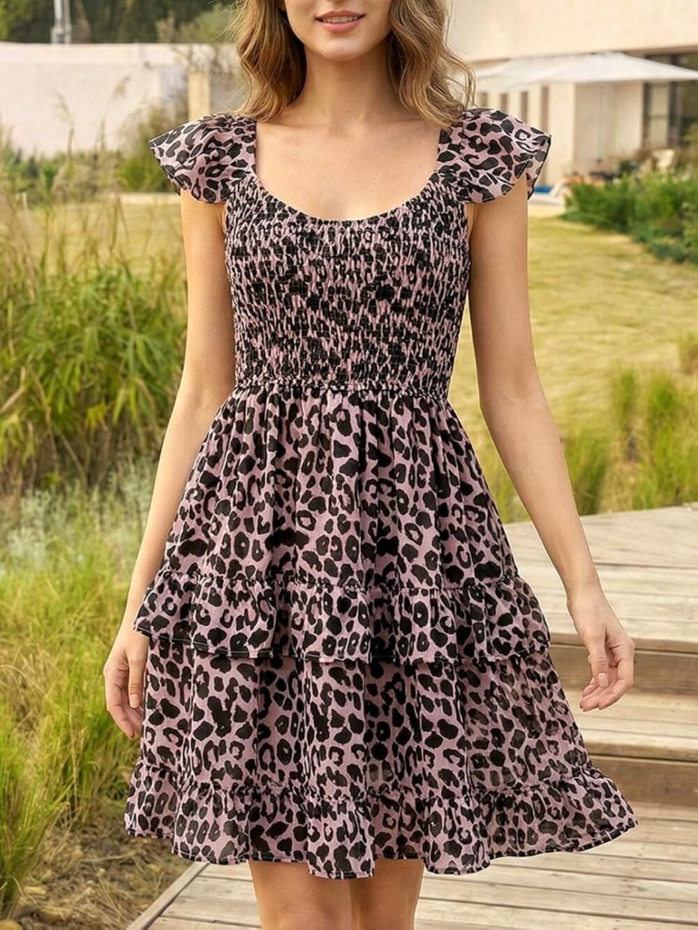 Women's Summer Dress Boho Leopard Smocked Ruffle Sun Beach Mini Swing Dress - Picture 3 of 5